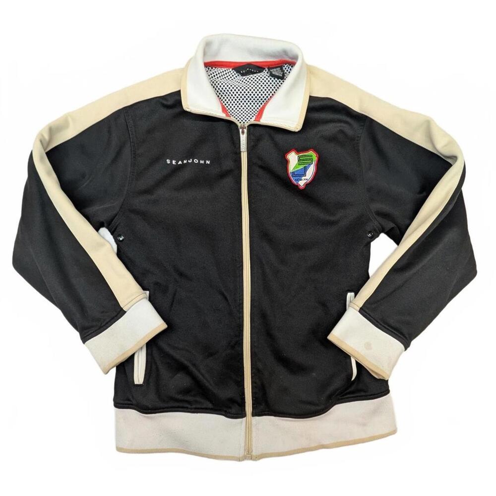 Sean John Boys Size M(10/12) Black/ Beige Embroidered Crest Zip Up Track Jacket